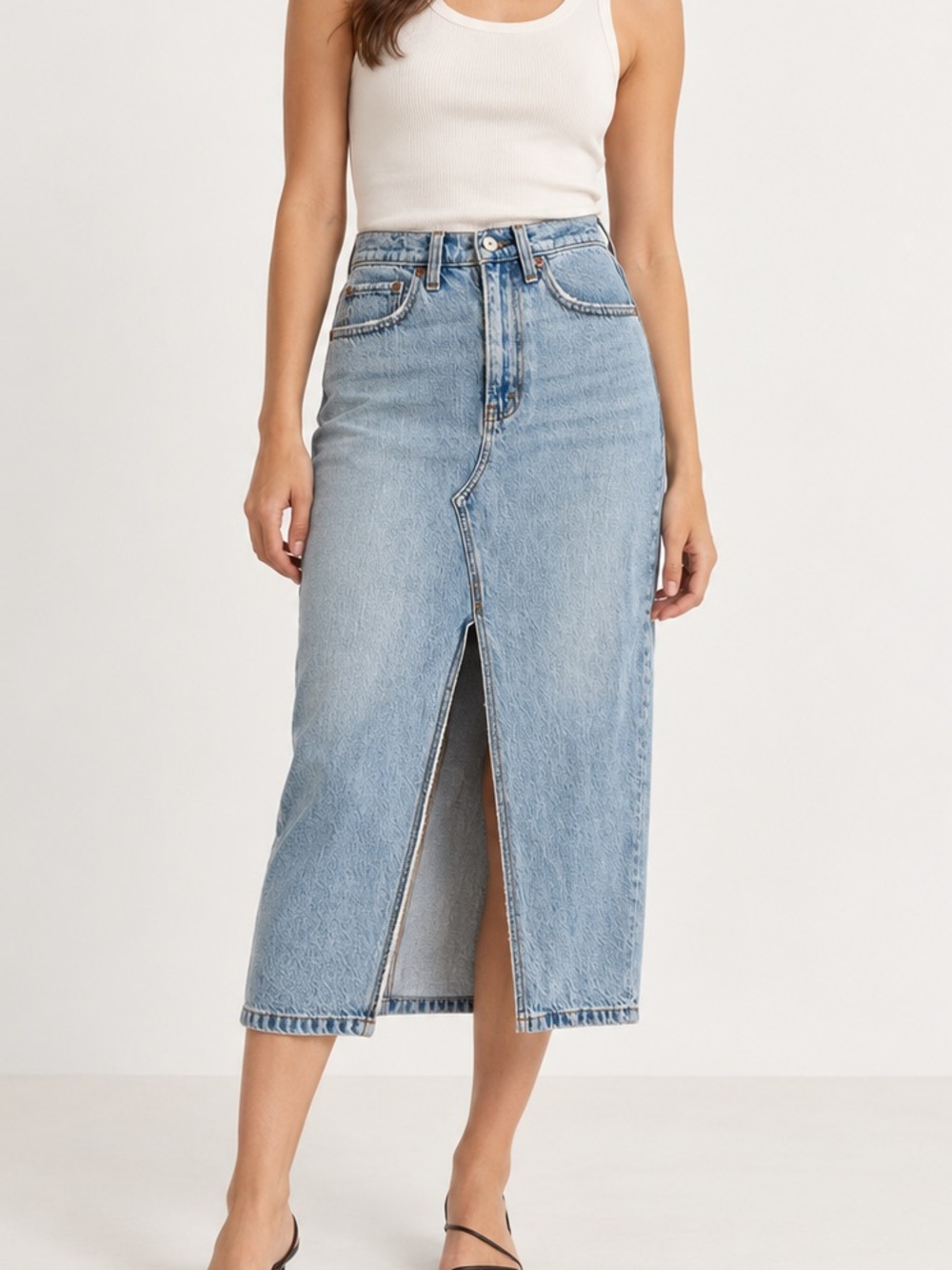 Abercrombie High Rise Denim Front Slit Midi Skirt 25